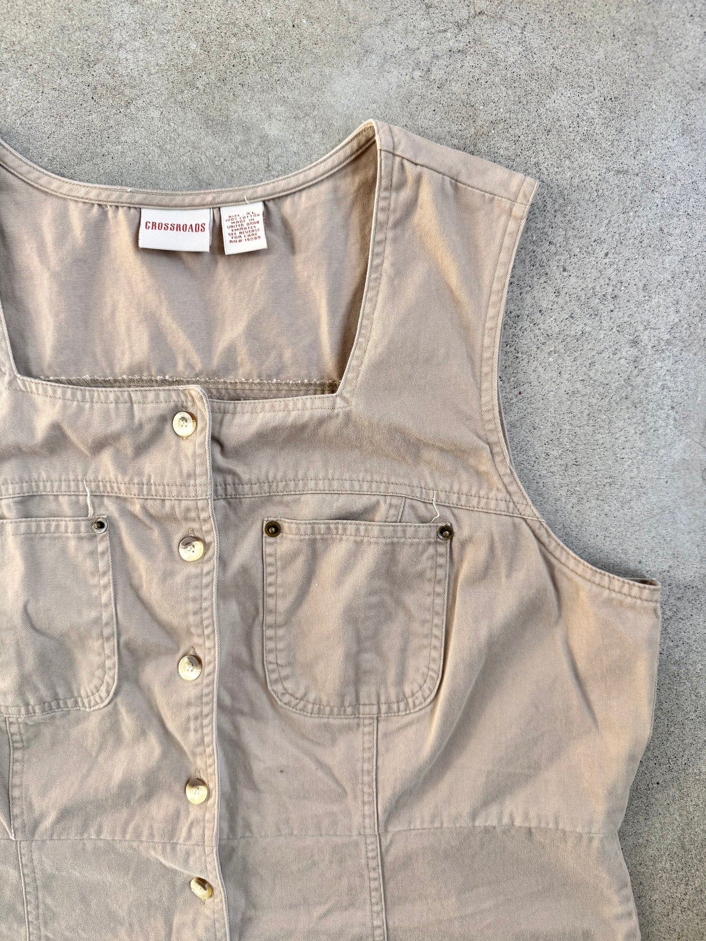 Vintage 1990s Crossroads Khaki Cotton Sleeveless Button-Front Dress | XL