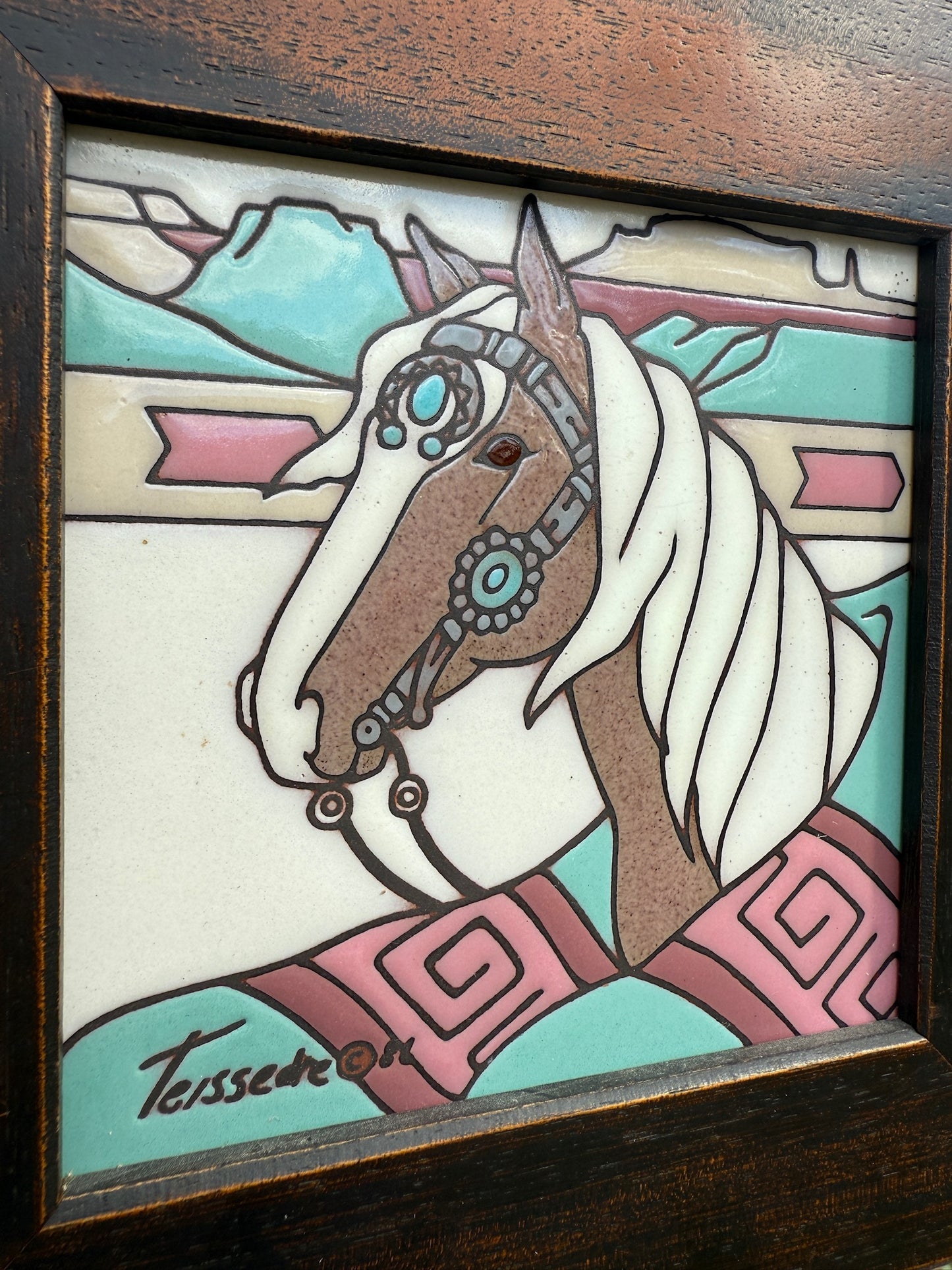 Vintage 1980s Teissedre Framed Ceramic Horse Tile
