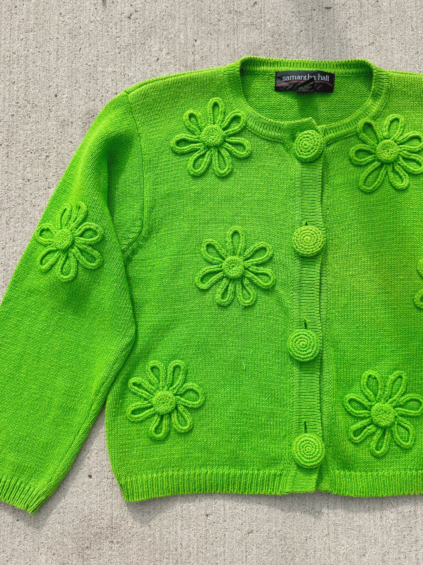 Vintage 1990s Green 3D Floral Knit Cardigan