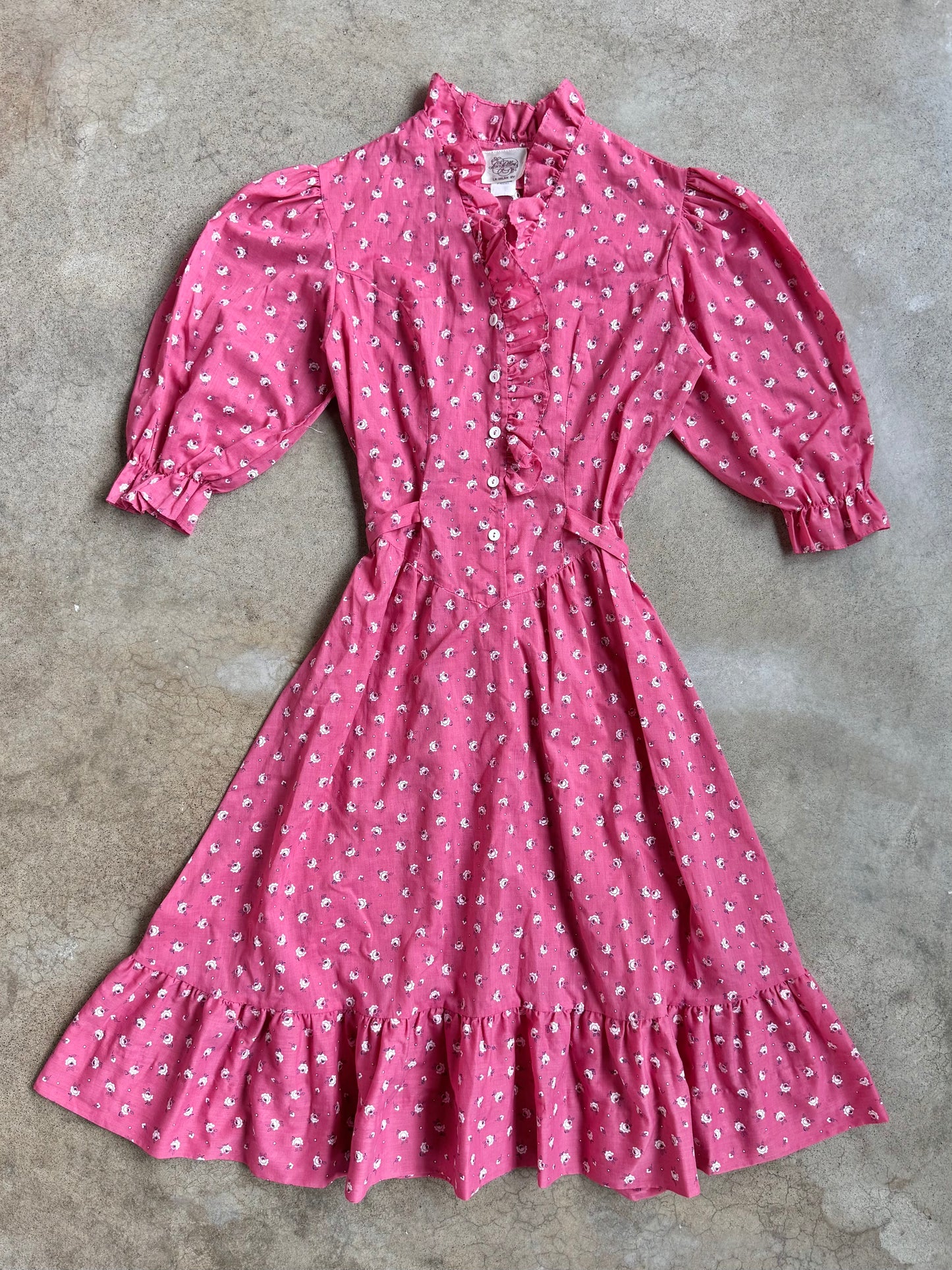 Vintage 1970s Luci Pellini Pink Floral Frilled Summer Dress | XS