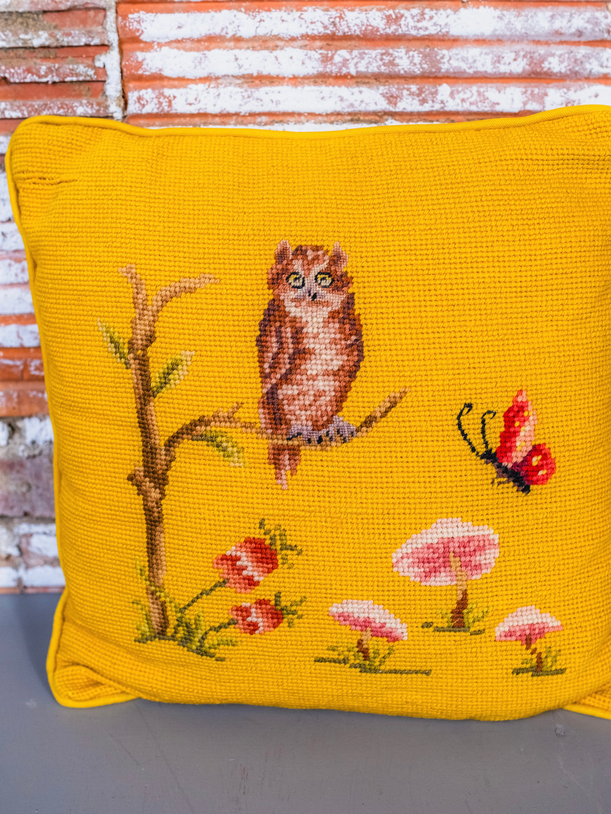 Vintage Yellow “Owl & Mushrooms” Needlepoint Throw Pillow