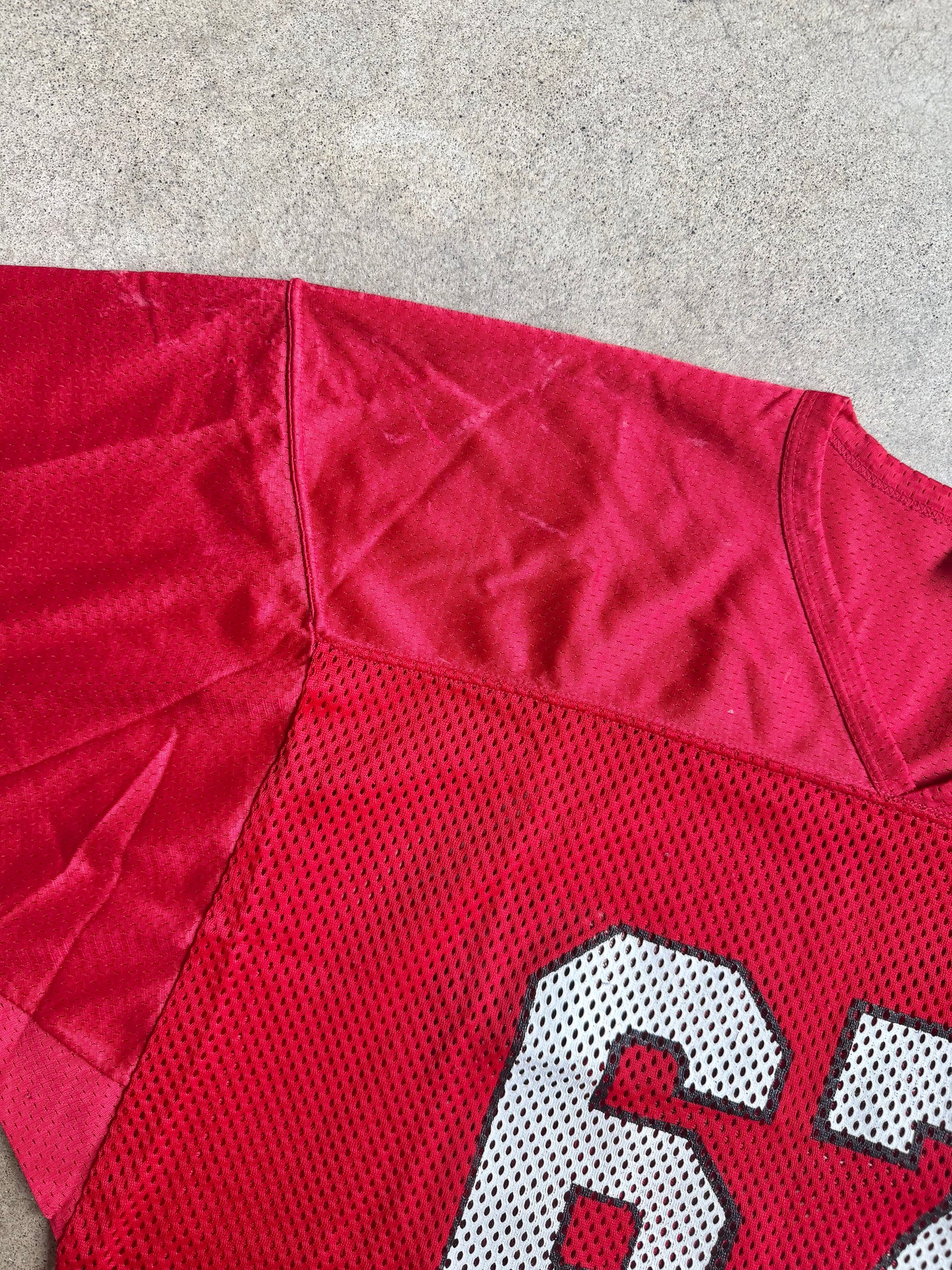 Vintage 1980s Fab-Knit Red Mesh #67 Cropped Football Jersey | Large