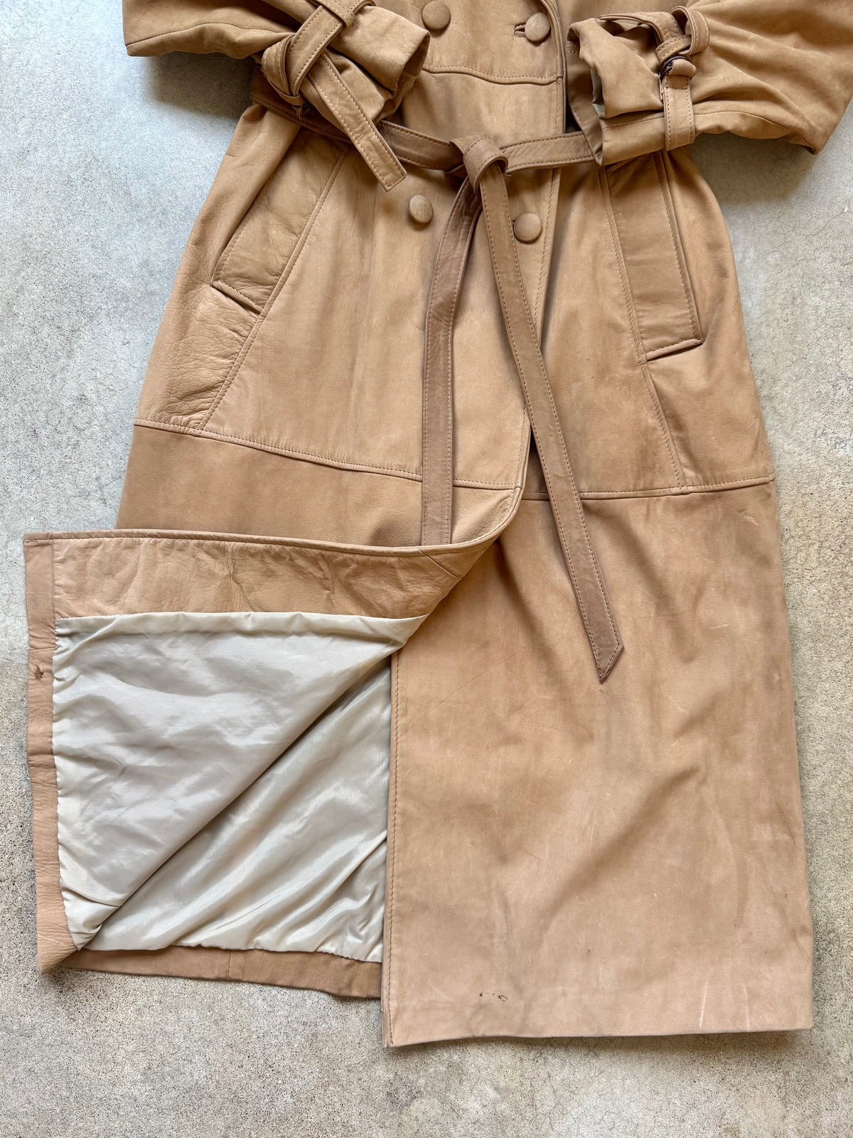 Vintage Comint Tan Suede Leather Belted Trench Coat | Small