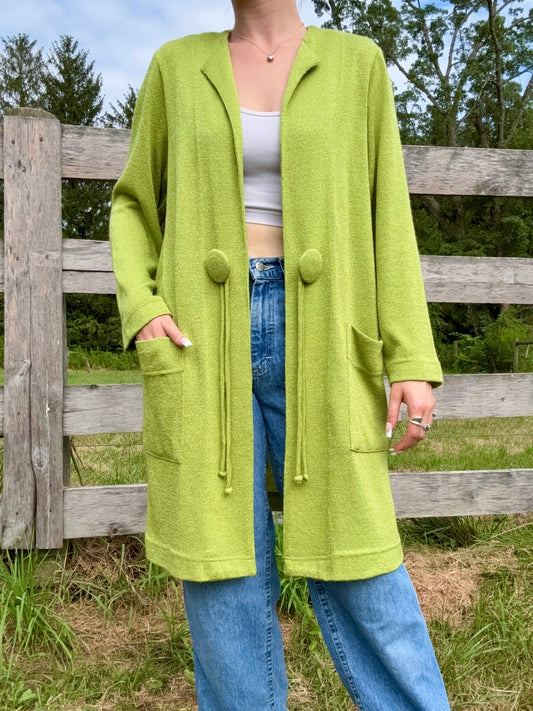 Vintage 1990s Platinum By Dorothy Schoelen Lime Green Longline Cardigan | Medium