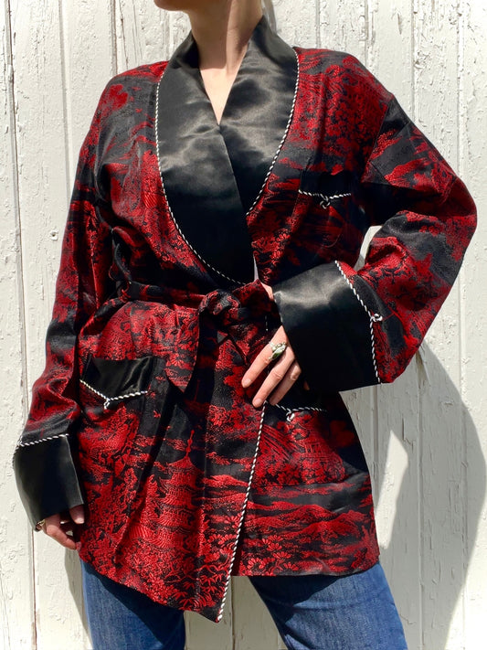 Vintage 1960s Red & Black Satin Jacquard Men’s Smoking Jacket | Large