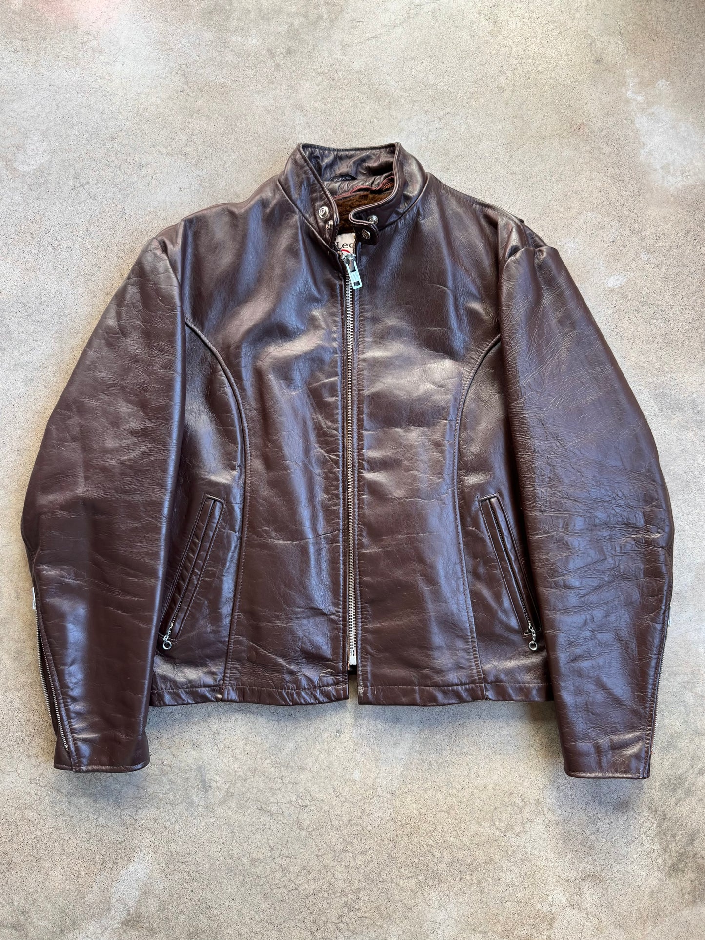 Vintage 1970s Sears The Leather Shop Brown Zip-Up Riding Jacket | 46R