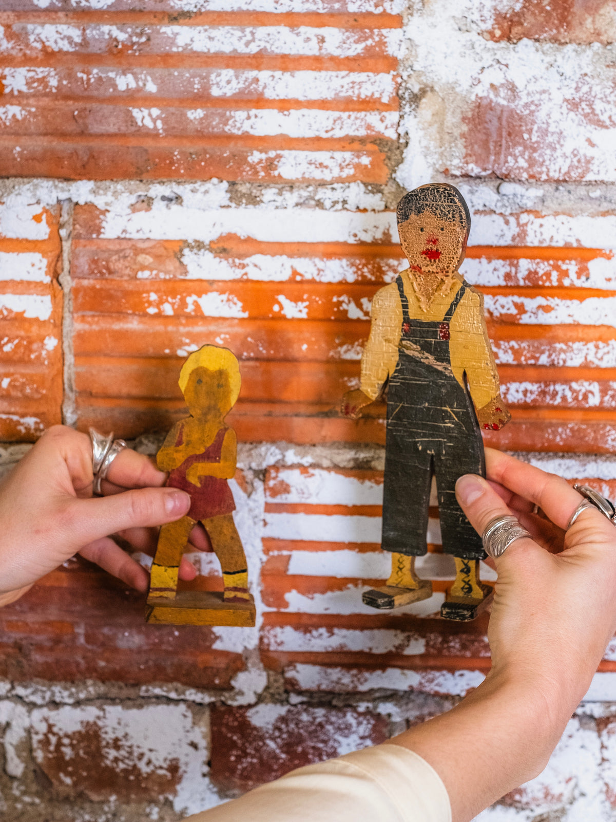 Antique Hand-Painted Wooden Folk Art “Dad & Daughter” Cut-Out Figures