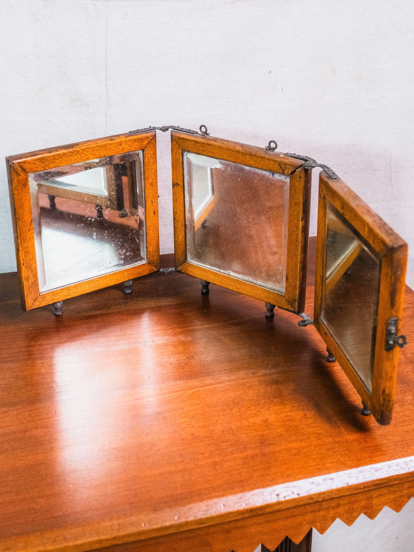 Antique Wood Folding 3-Panel Wall Mirror