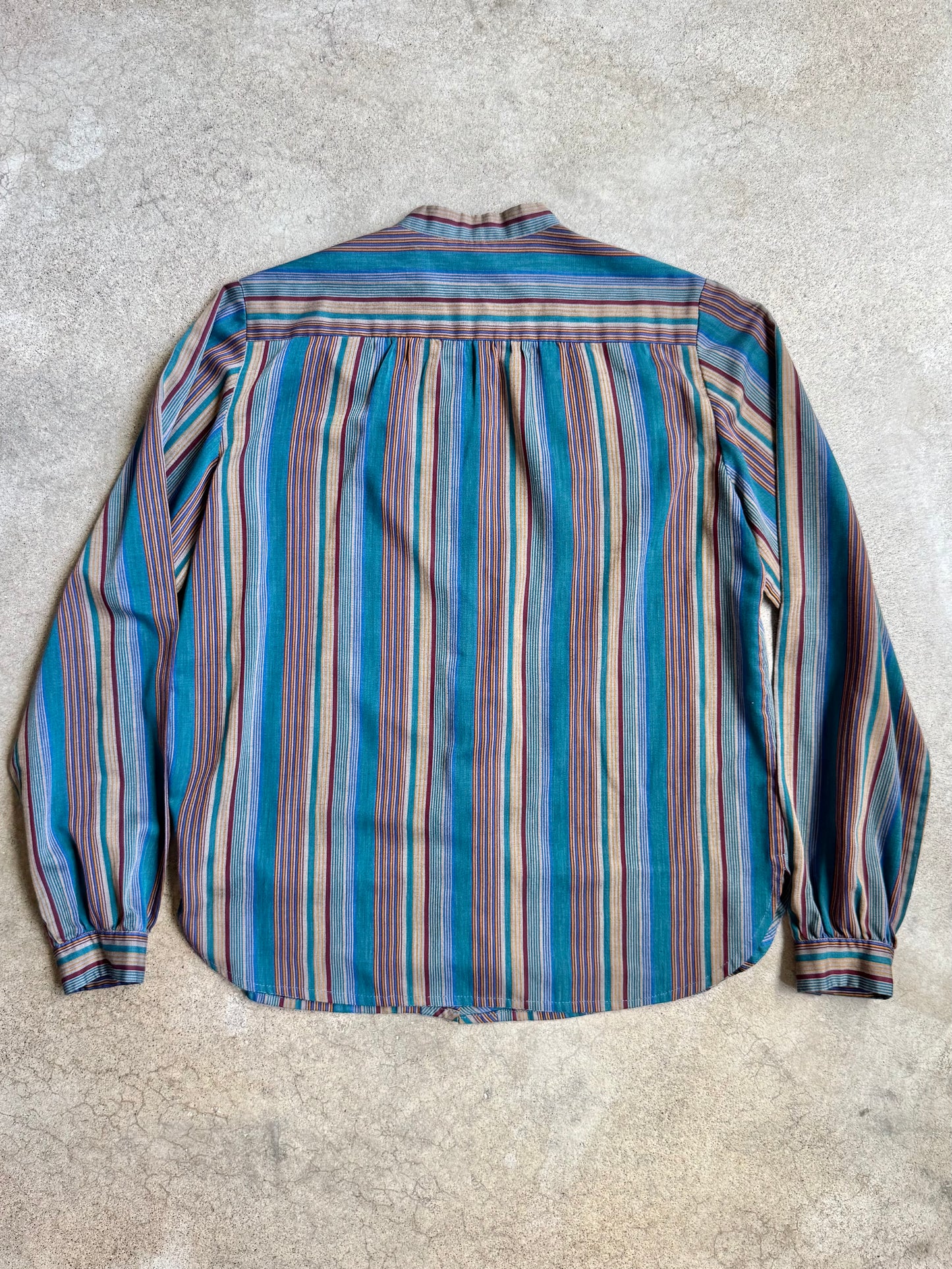 Vintage 1980s Cool-Tone Striped Band Collar Blouse | Medium