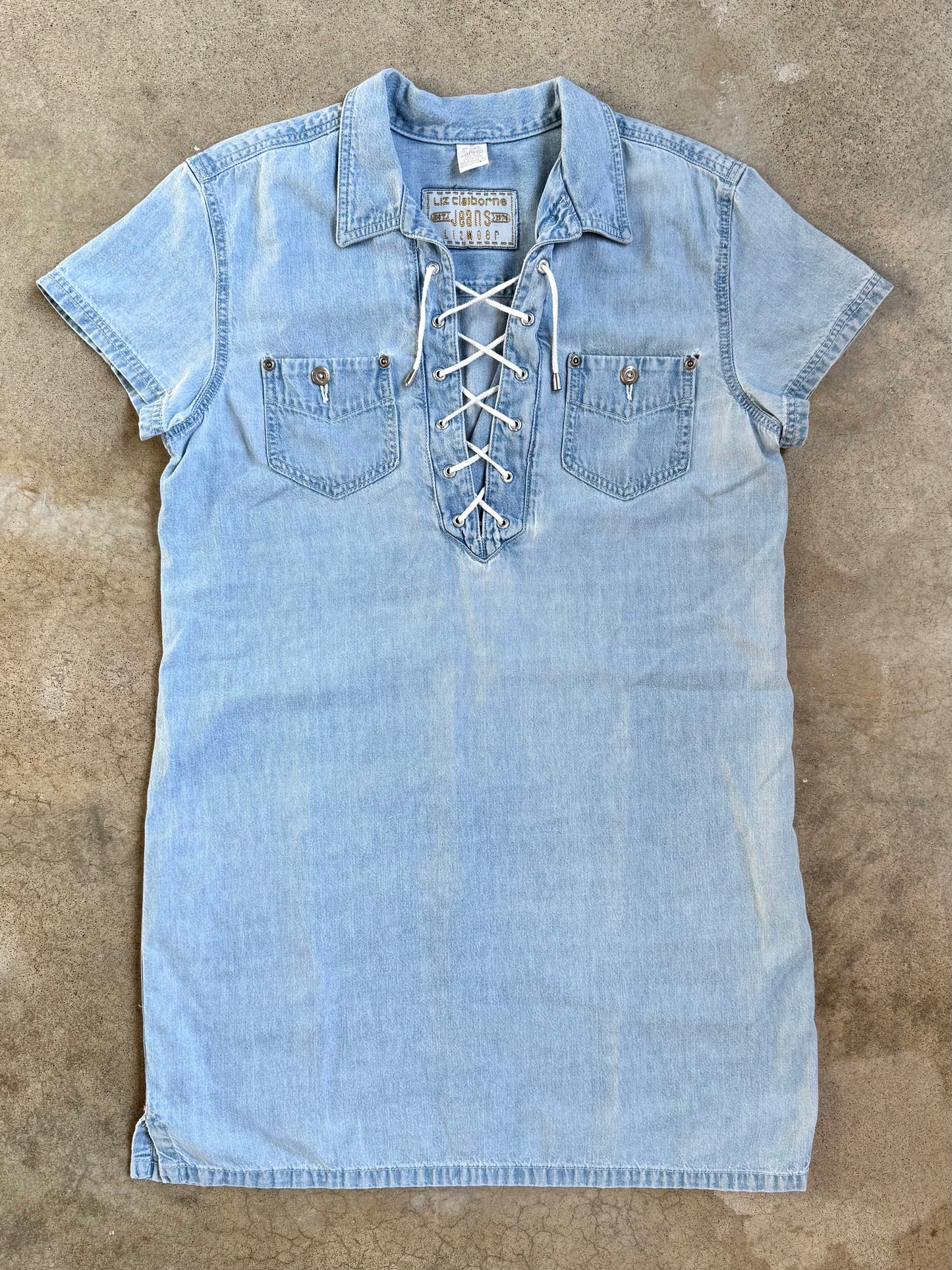 Vintage 1990s Liz Wear Light Wash Denim Lace-Up Shirt Dress | Medium