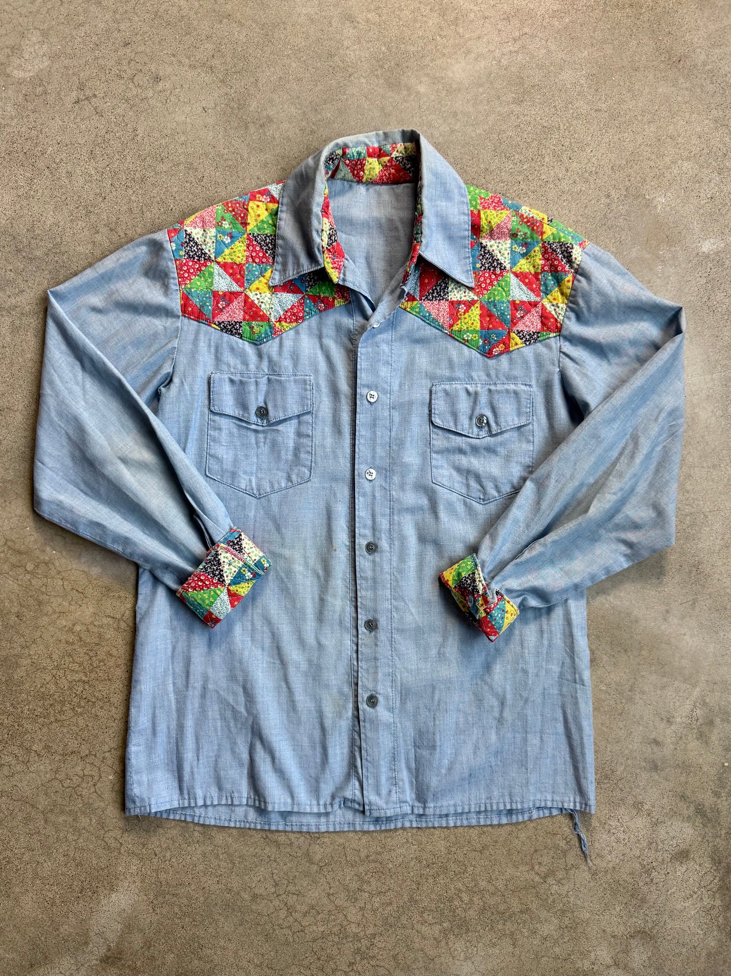 Vintage 1960s Handmade Quilted Patchwork Chambray Button-Up Shirt | Medium