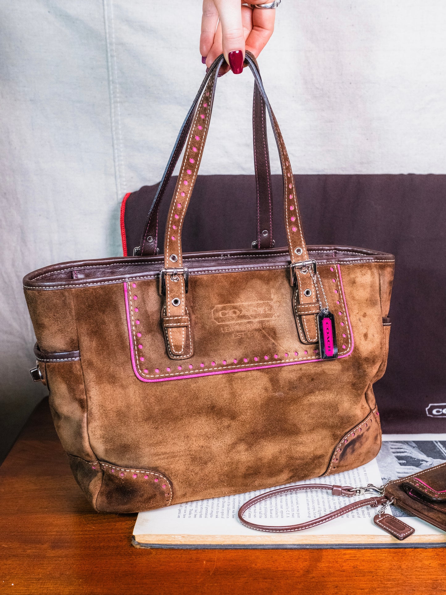 2000s Coach Brown & Pink Suede Leather Tote & Wristlet Set