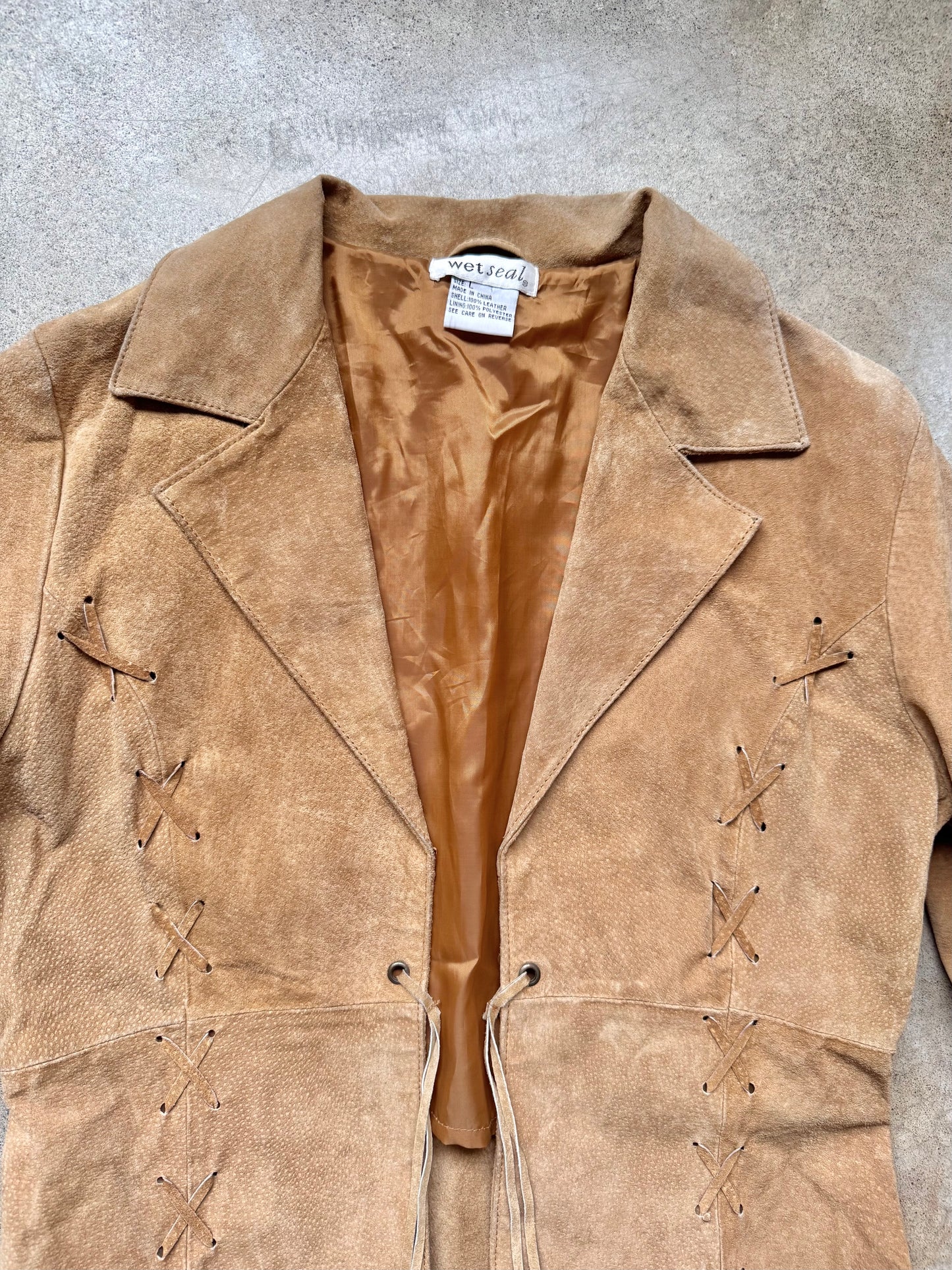 Y2K Wet Seal Lace-Up Tan Suede Leather Jacket | Large