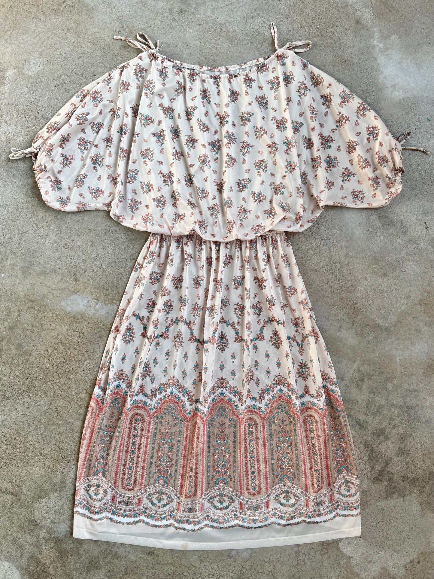 Vintage 1970s Cream Floral Print Puff Sleeve Sheer Midi Dress | Medium