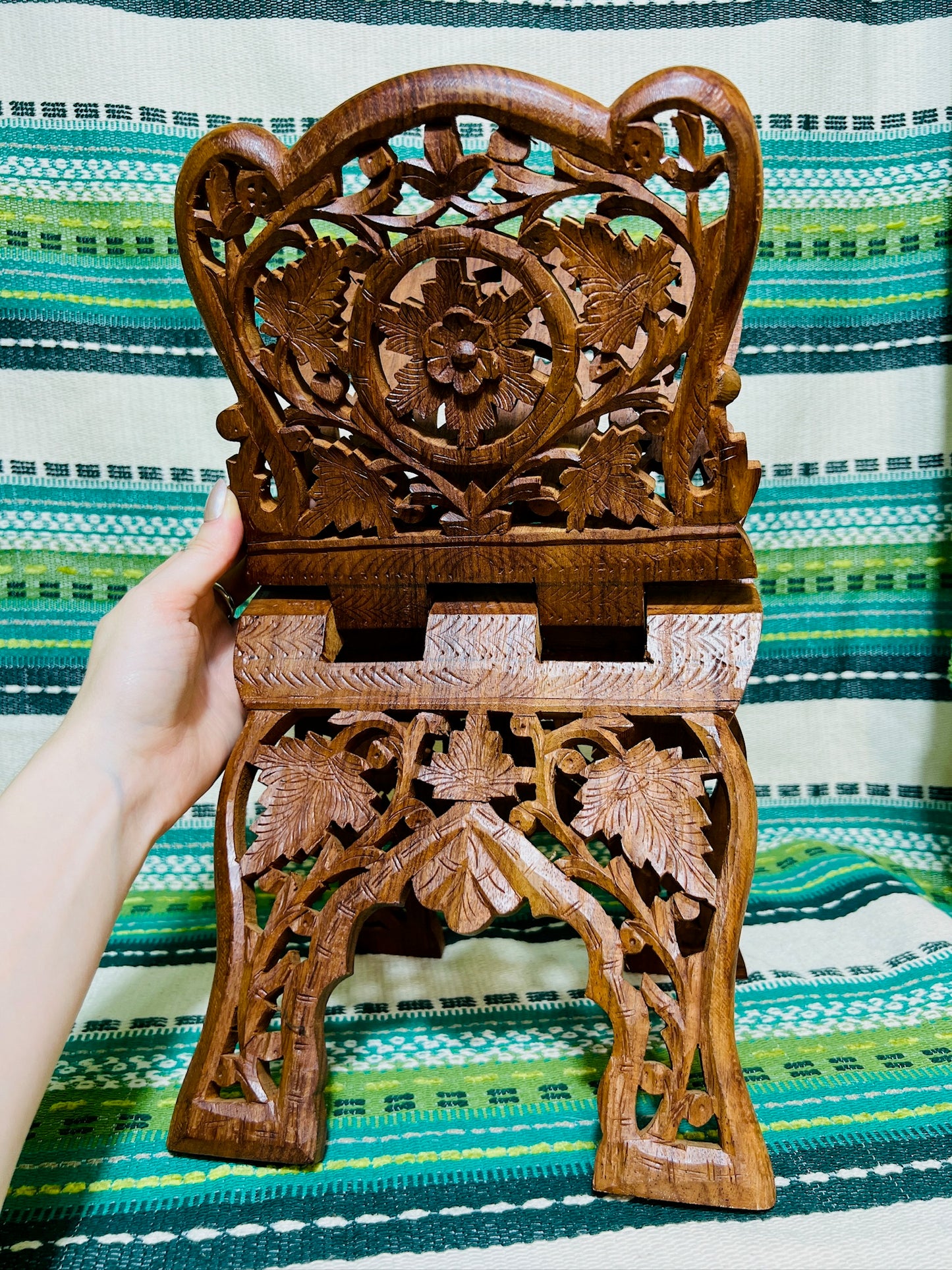 Vintage Carved Teak Wood Folding Book Display