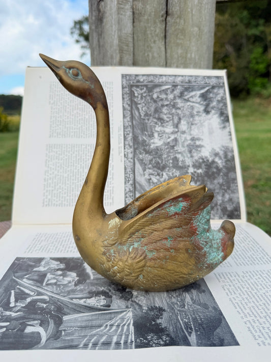 Vintage 1950s Solid Brass Swan Planter