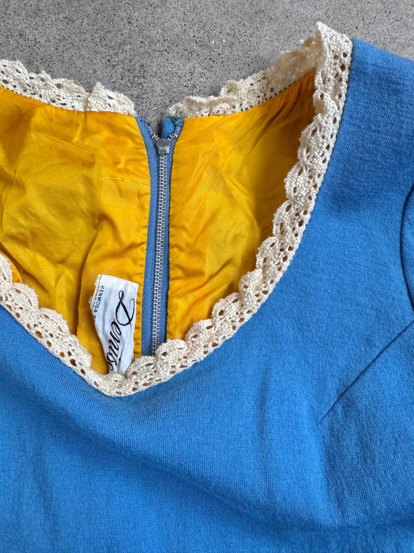 Vintage 1960s Denise Blue Wool & Crochet Trim Long Sleeve Dress | XS