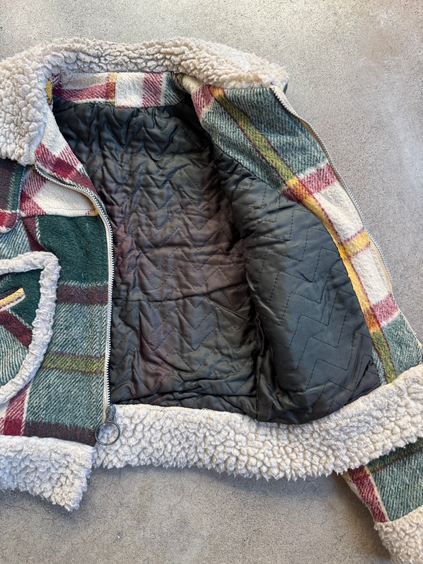 Vintage 1970s Green & Red Plaid Sherpa Lined Cropped Jacket | XS