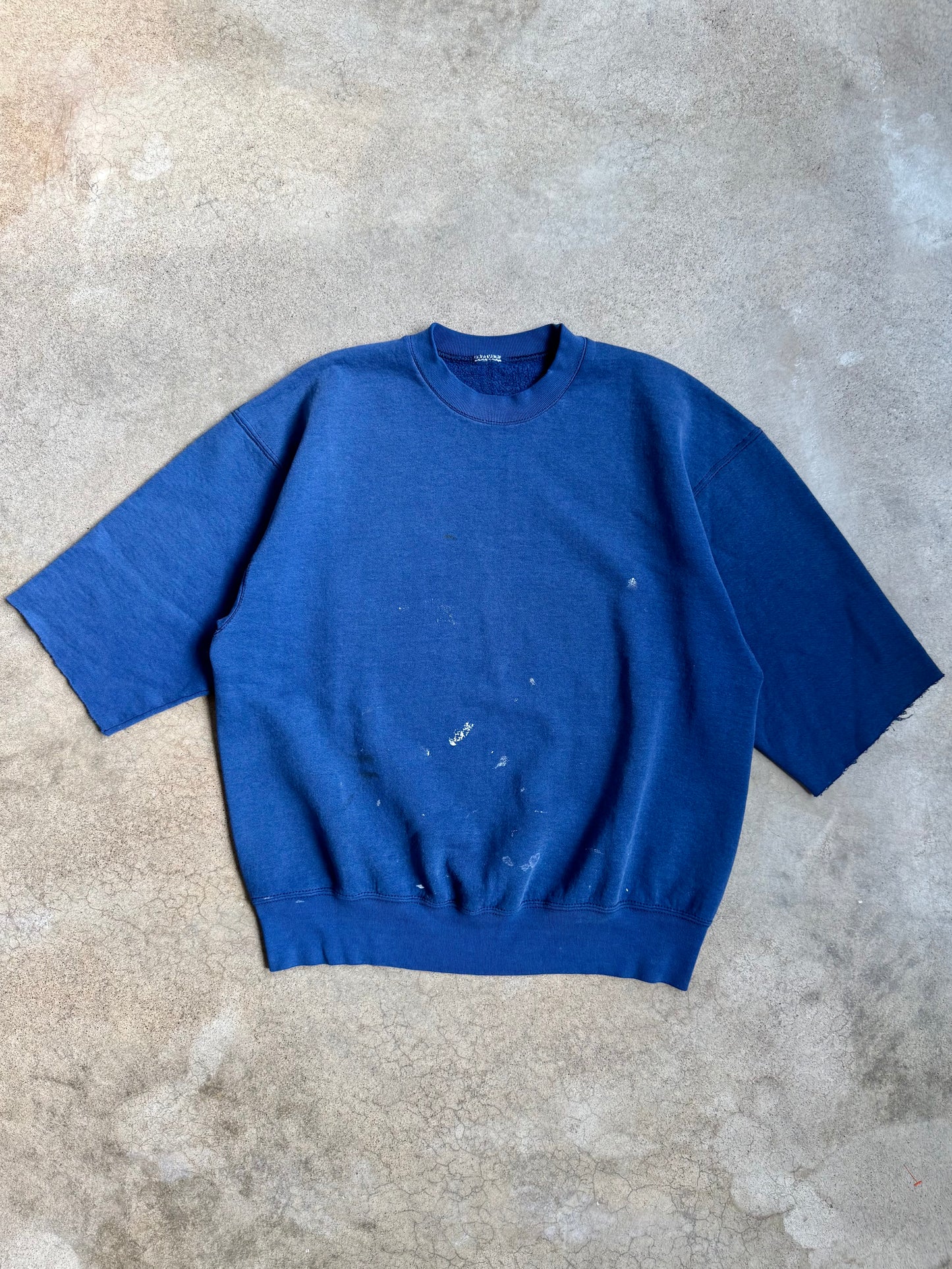 Vintage 1980s Navy Blue Paint Splattered Cut-Off Sleeve Crewneck Sweatshirt | XL