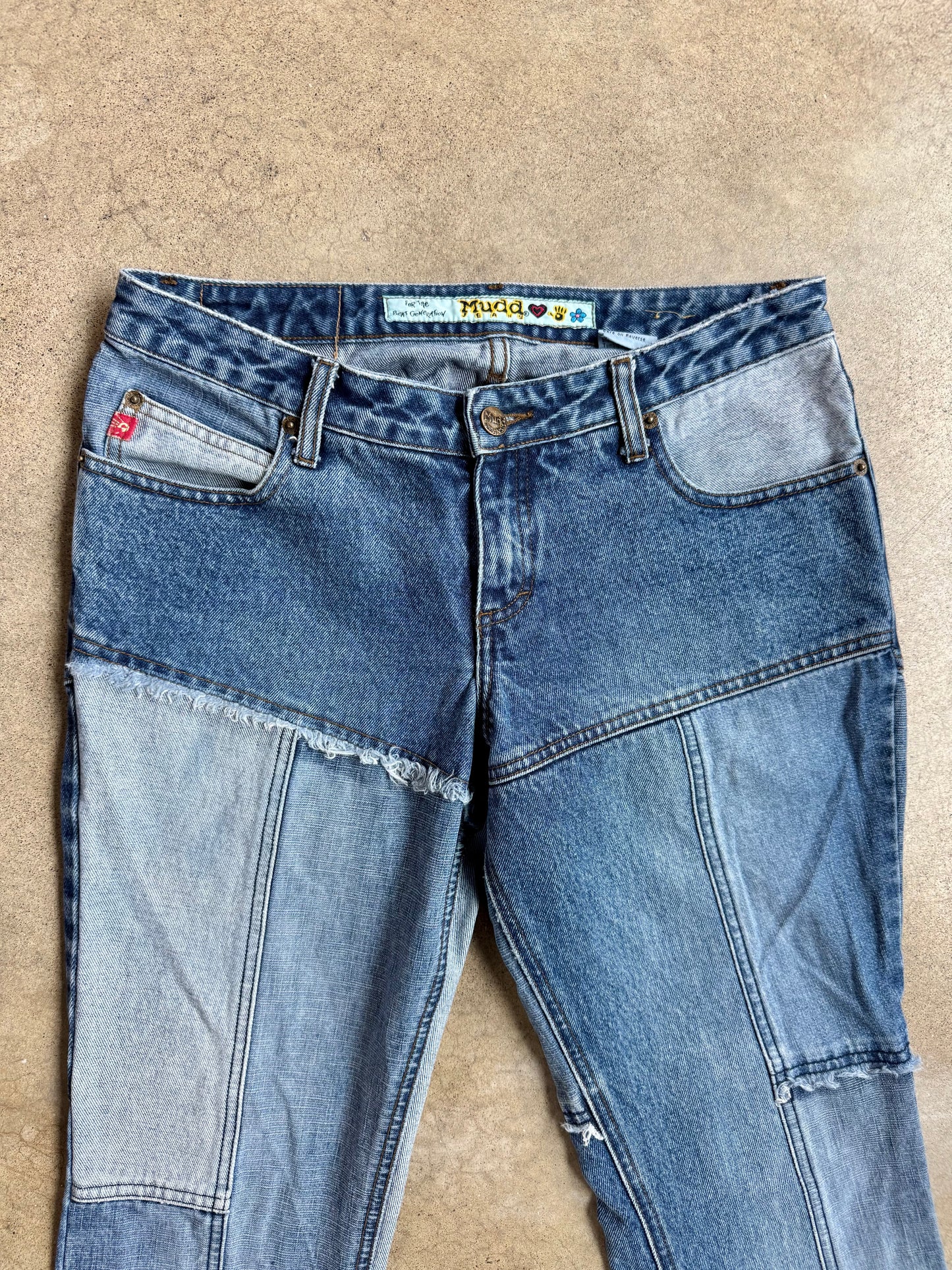 2000s Mudd Denim Patchwork Low-Rise Flare Jeans | S/M