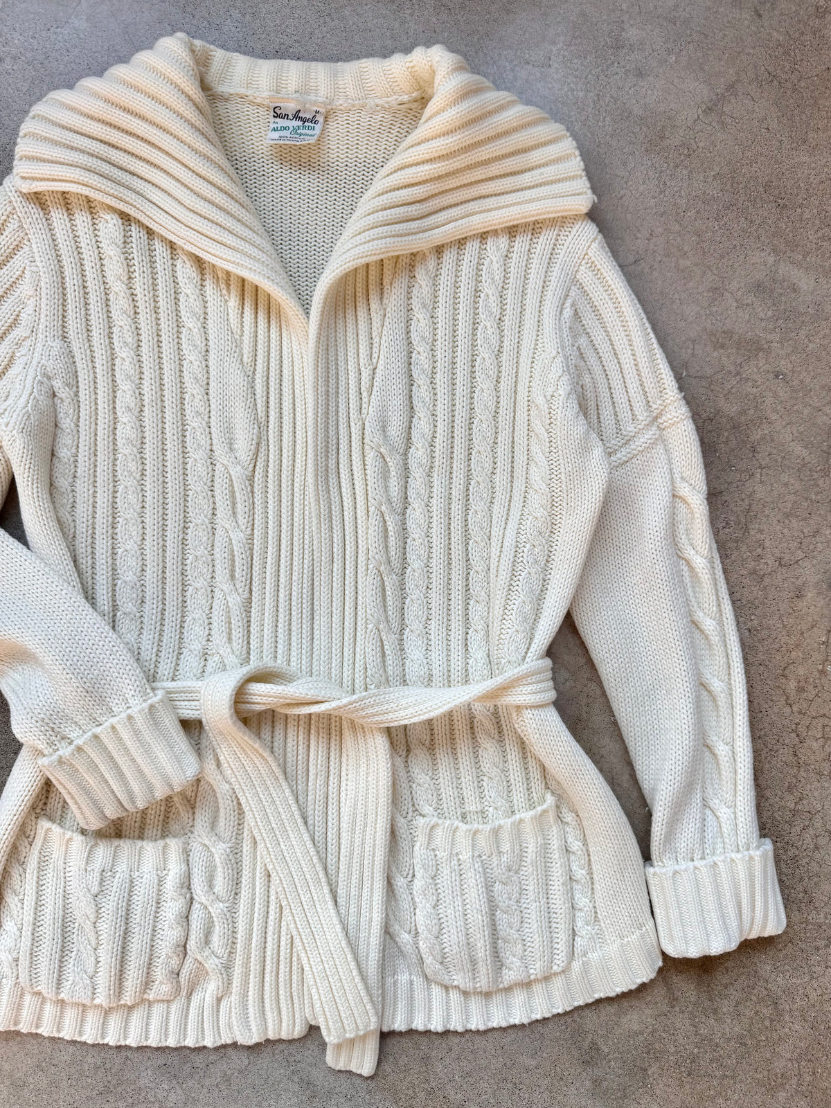 Vintage 1970s San Angelo by Aldo Verdi Cream Cable Knit Tie-Waist Cardigan | Medium