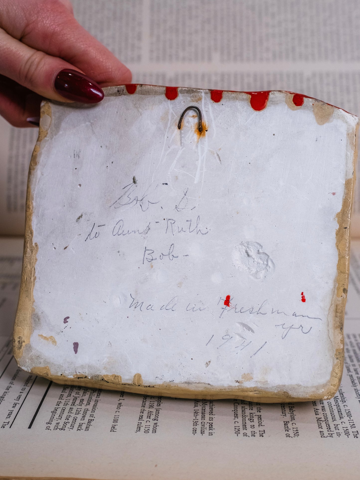 Vintage 1940s Handmade & Signed Chalkware "Farm Boy” Wall Art