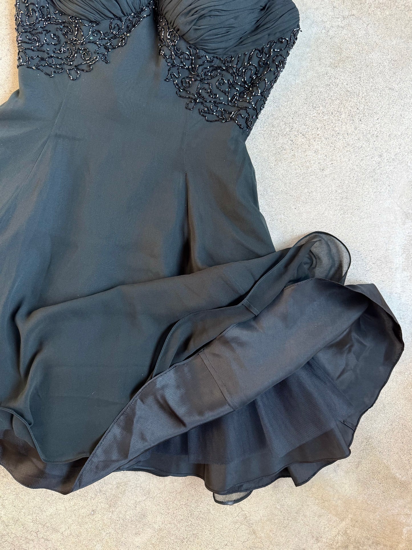 Vintage 1990s Mike Benet Formals Black Silk Beaded Mini Party Dress | S/M