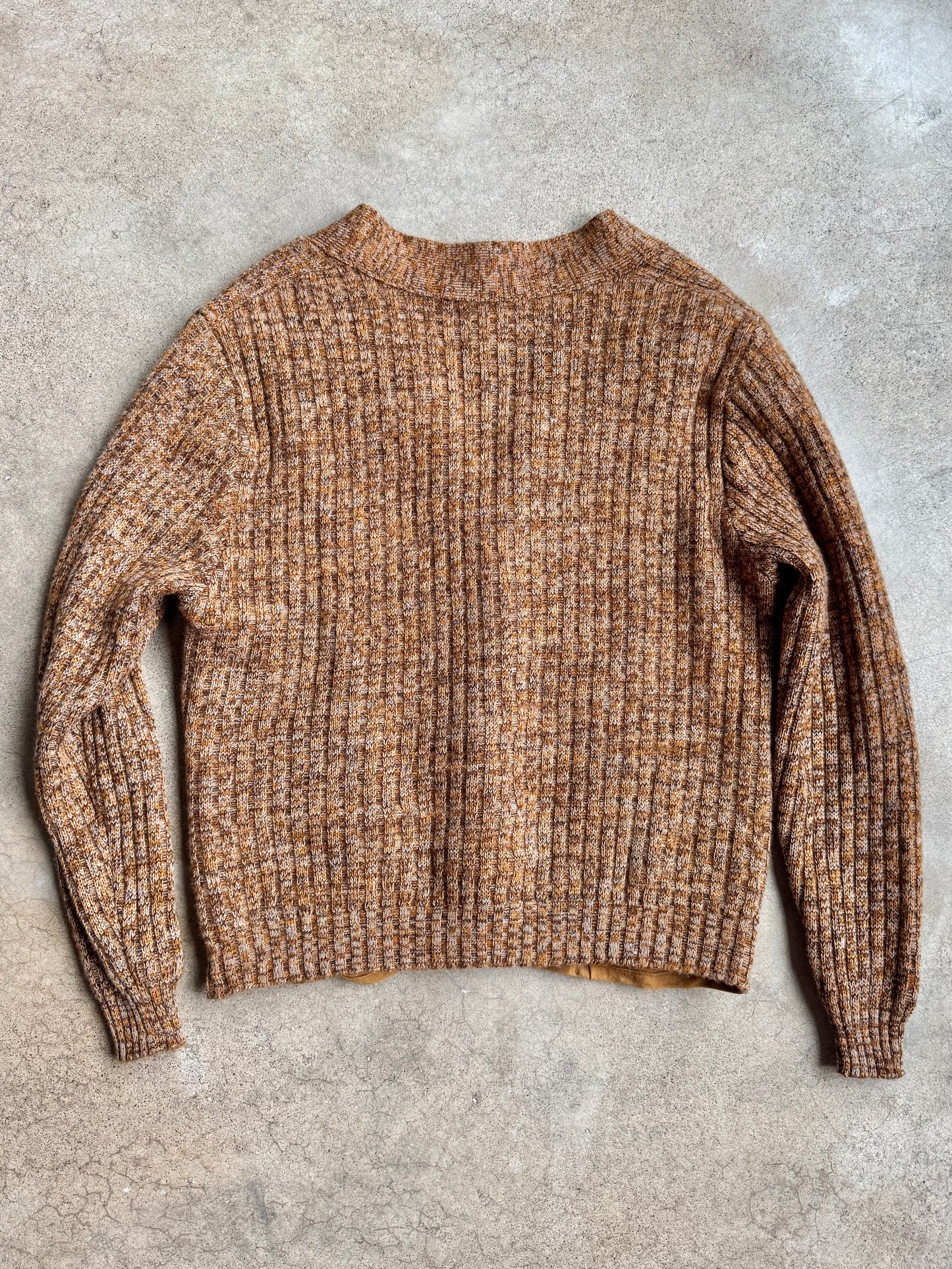 Vintage 1960s Brown Marled Wool & Suede Leather Cardigan | Medium