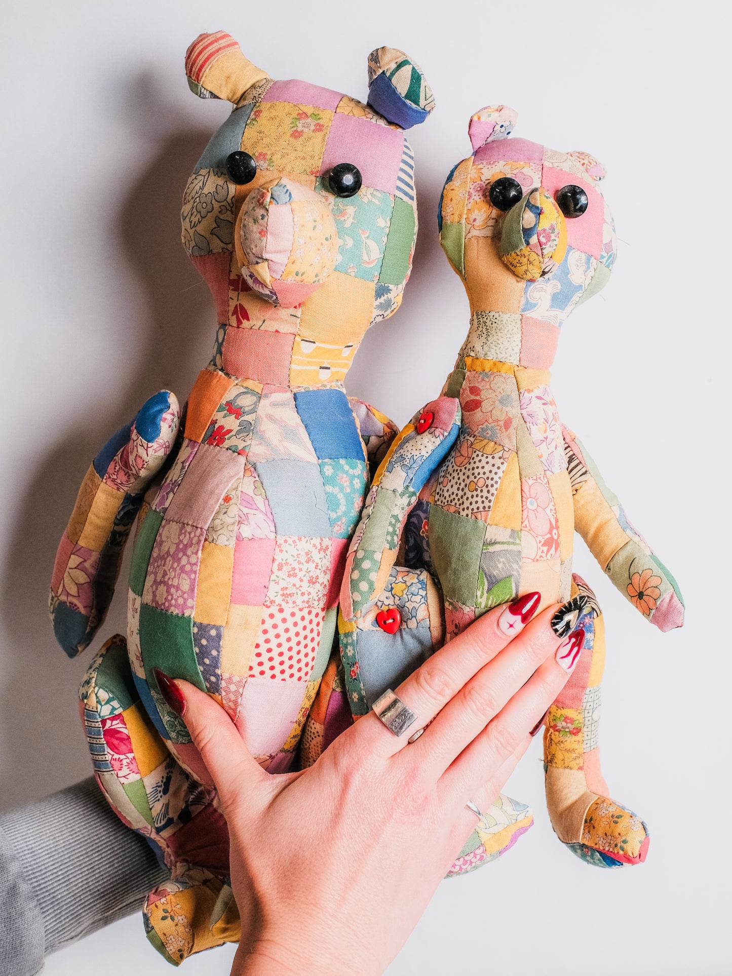 Vintage 1940s Handmade Quilted Patchwork Teddy Bears | Set of 2