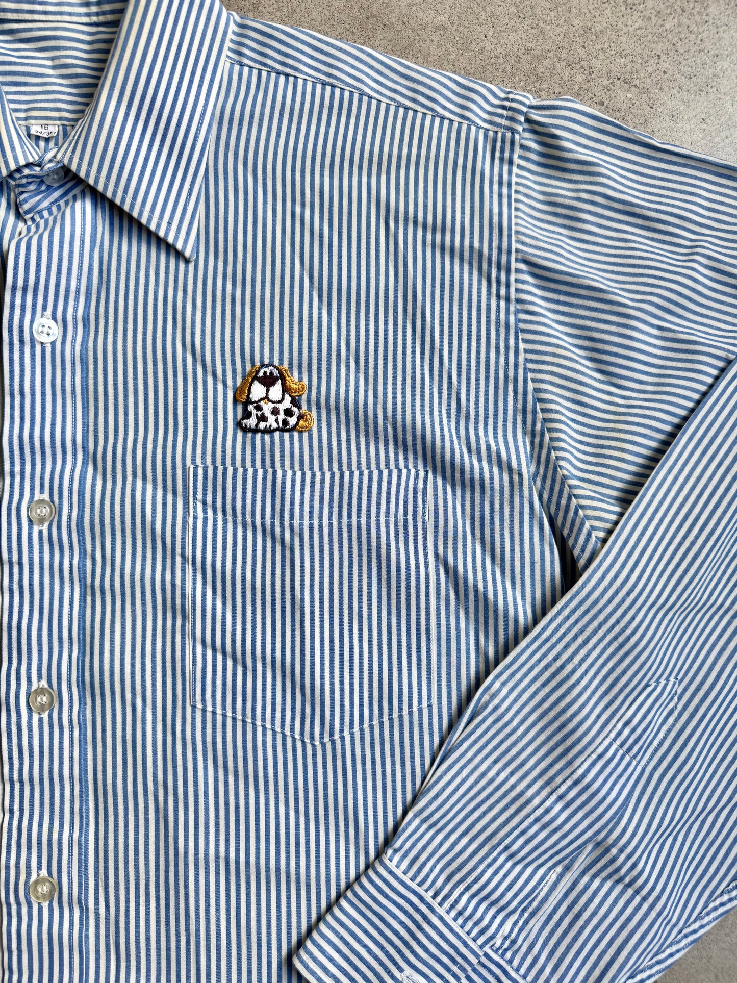 Vintage 1970s Blue & White Striped Dog Patch Button-Up Shirt | Large