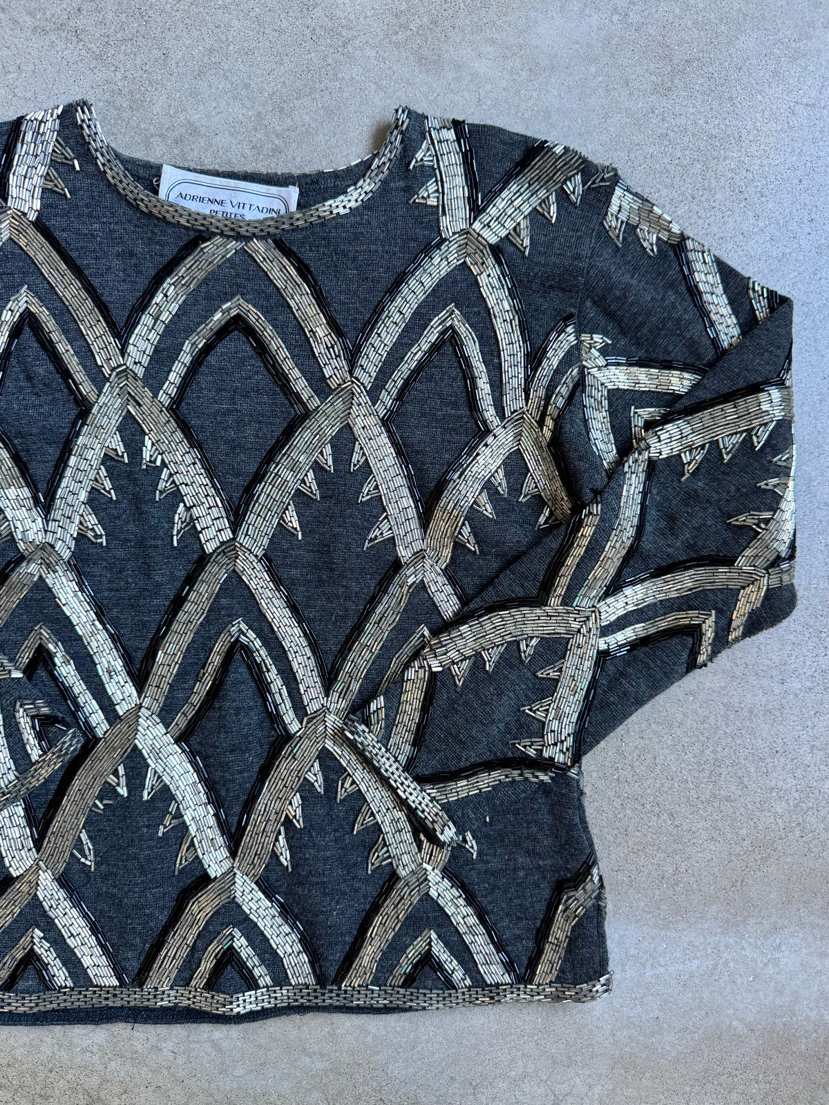 Vintage 1980s Adrienne Vittadini Silver Art Deco Beaded Wool Knit Top | Small