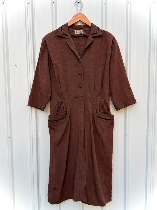 Vintage 1940s Lordleigh California Brown & Black Pleated Shirtwaist Dress | Medium