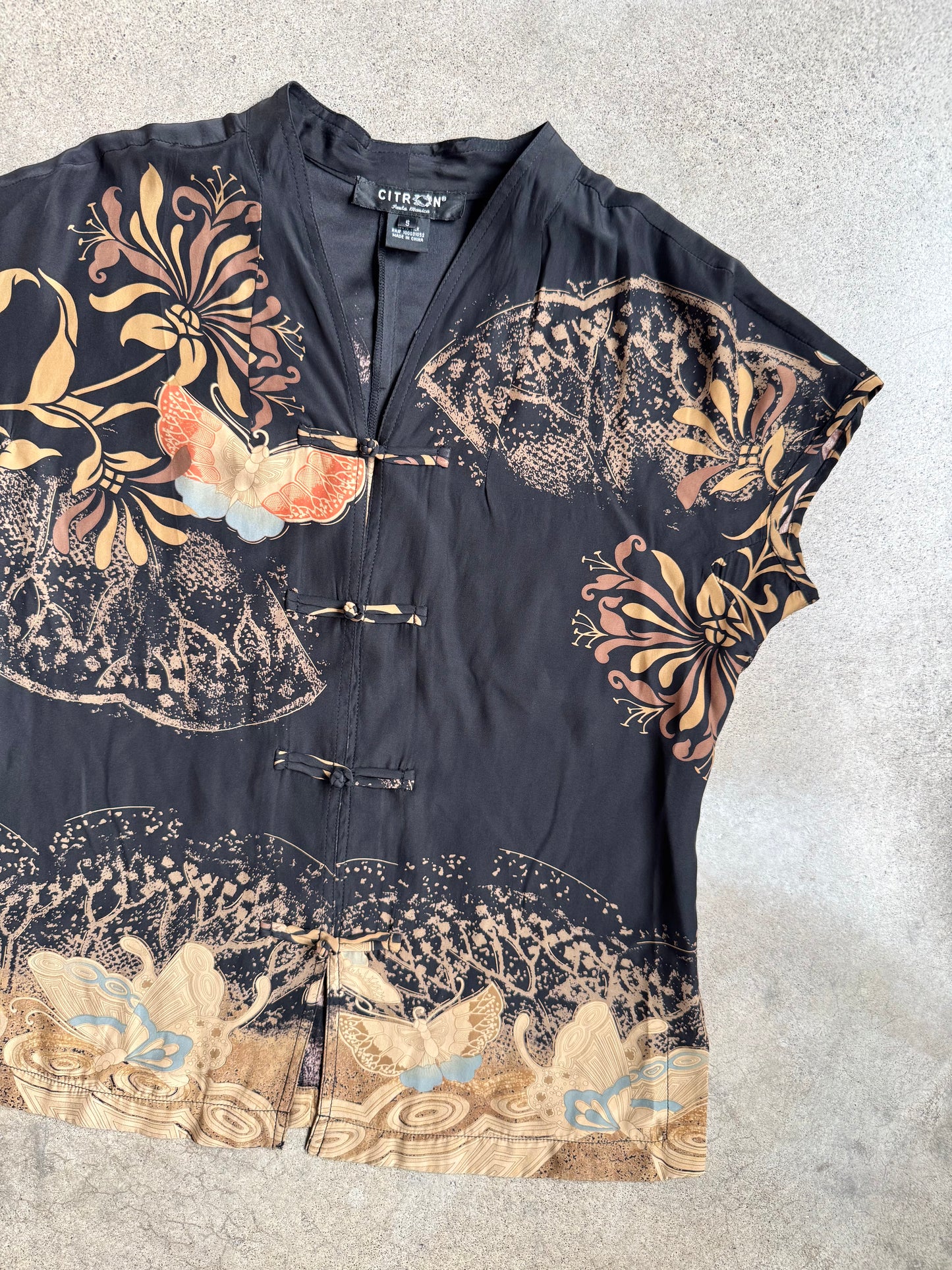 Vintage 1990s Citron Santa Monica Asian-Style Printed 100% Silk Blouse | Small