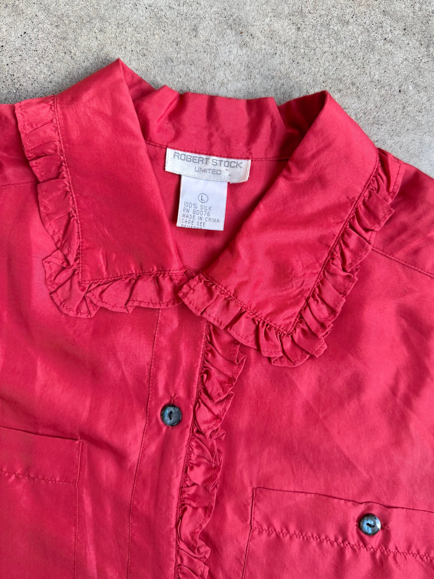Vintage 1980s Robert Stock Limited Red Silk Frilled Trim Blouse | Large