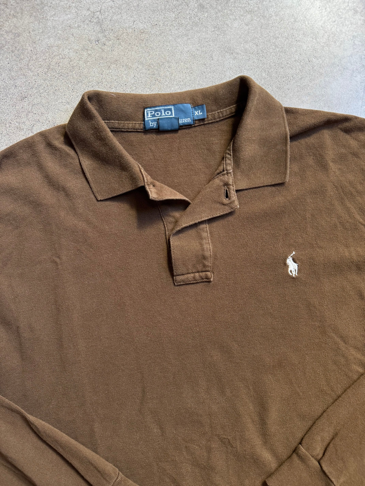 Vintage 1990s Polo Ralph Lauren Brown Cotton Long Sleeve Polo Shirt | XL