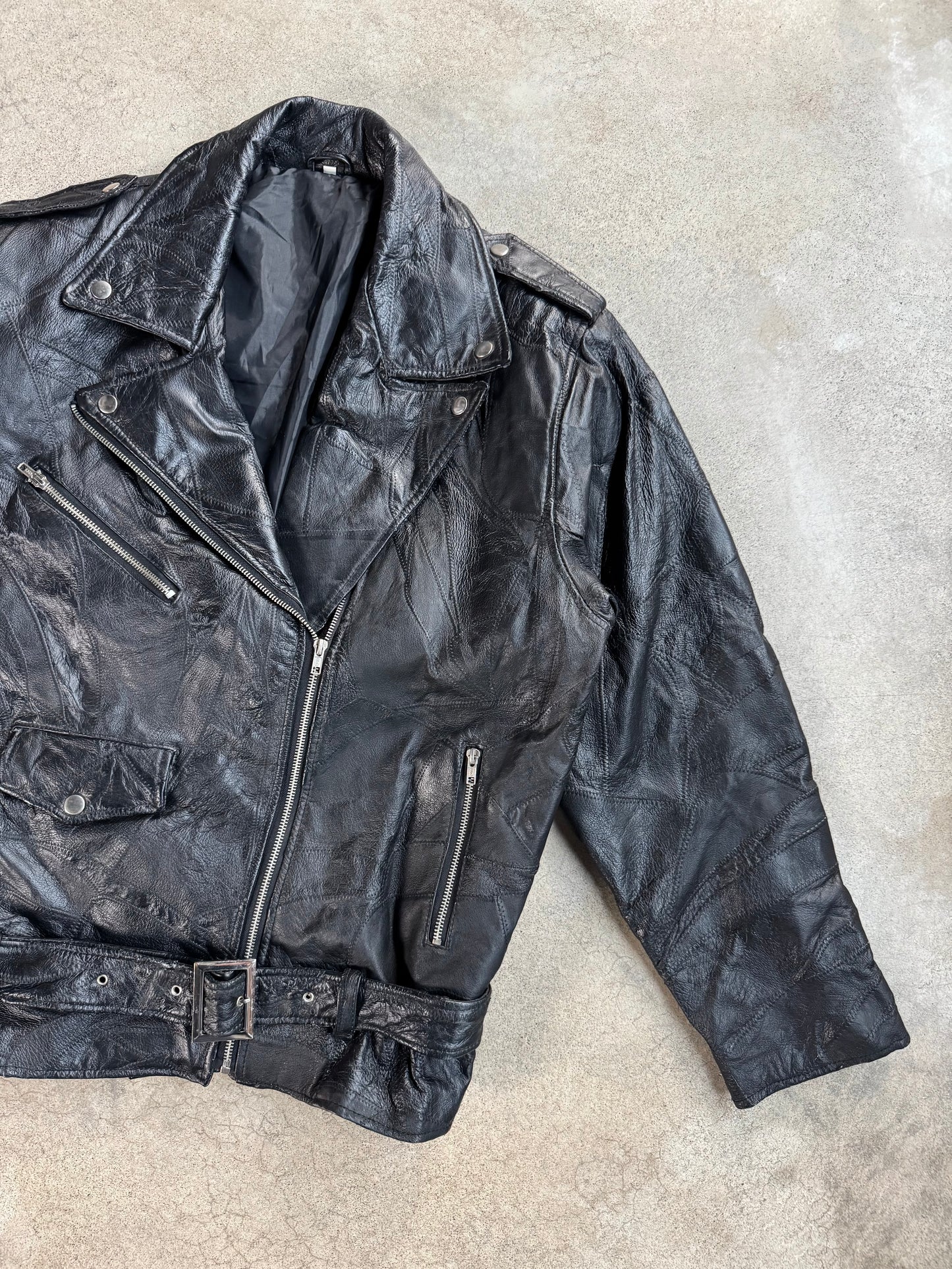 Vintage 1970s Black Leather Patchwork "God Bless America" Biker Jacket | XXL