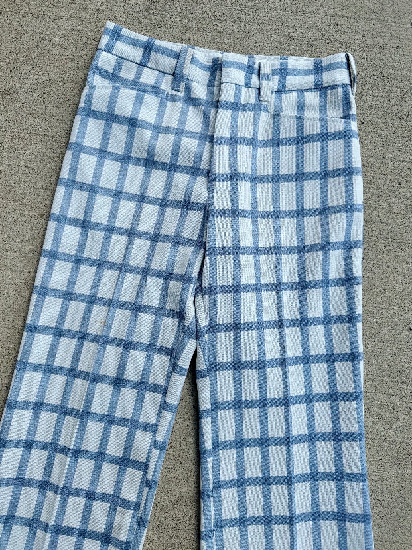 Vintage 1970s Blue/White Plaid Polyester Wide Leg Pants