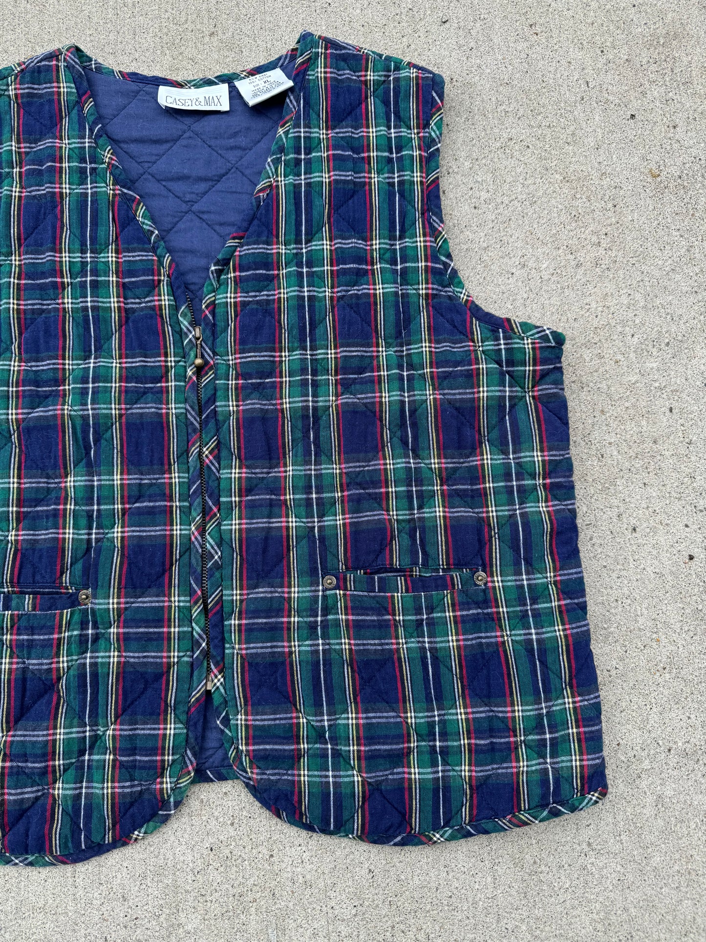 Vintage 1990s Casey & Max Plaid Quilted Cotton Zip-Up Vest | XL