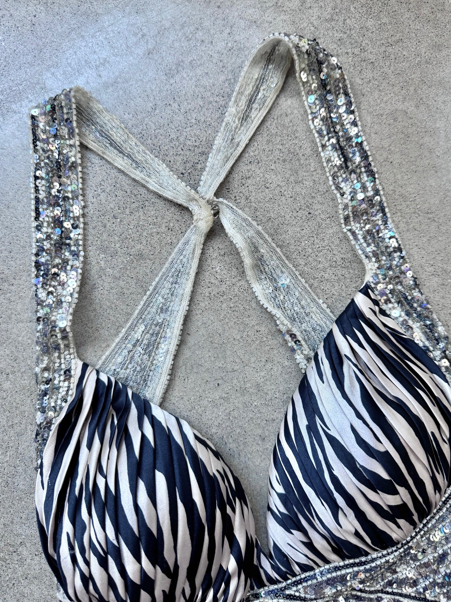2000s Jovani Satin Zebra Print Sequined Floor Length Formal Dress | Small