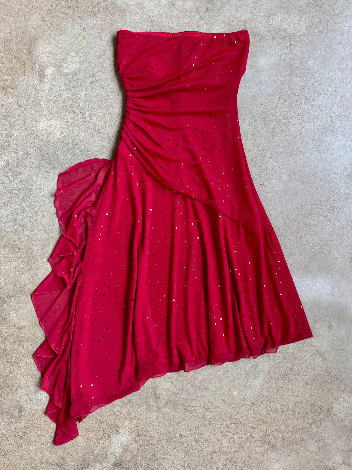 2000s Teeze Me Red Sequin Strapless Ruched Asymmetrical Dress | Small