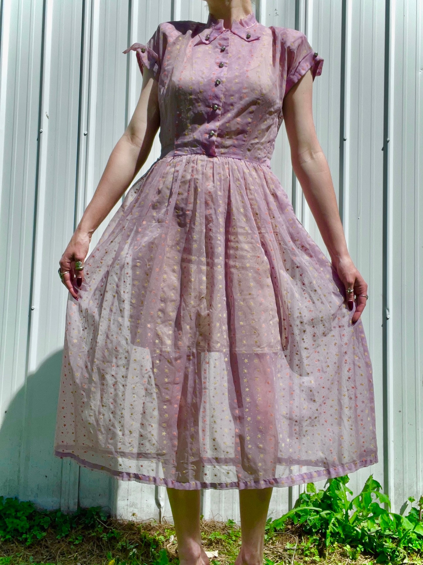 Vintage 1940s Purple Chiffon Star Printed Button-Front Dress | Small The Atomic Shop Vintage 1940s Purple Chiffon Star Printed Button-Front Dress | Small The Atomic Shop