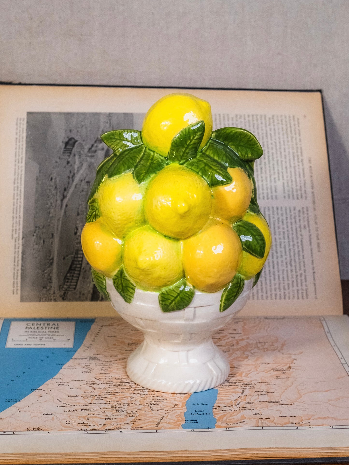 Vintage 1960s Majolica-Style Ceramic Lemon Basket Centerpiece
