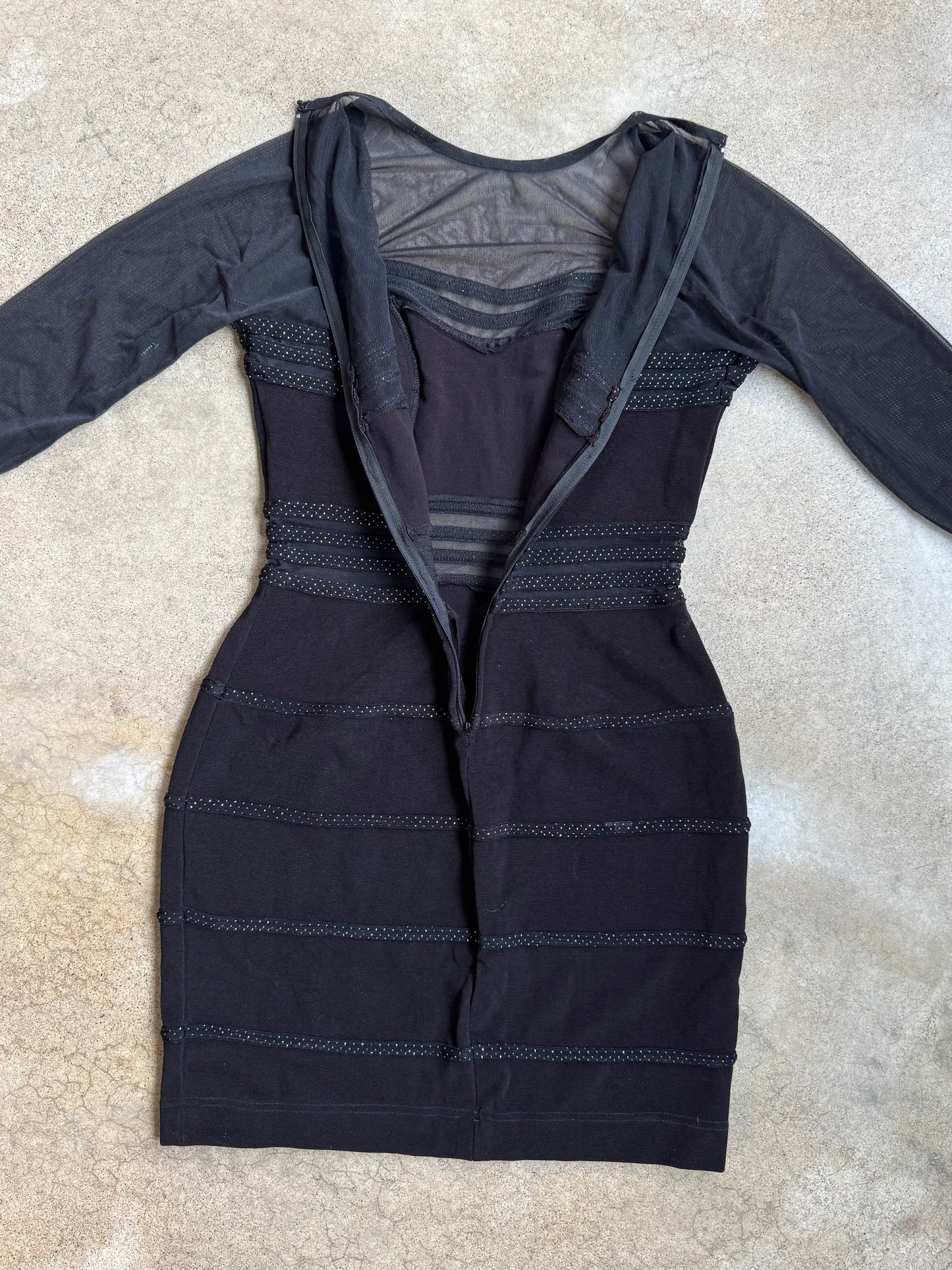 Vintage 1990s Tadashi Black Mesh Long Sleeve Bodycon Dress | Medium