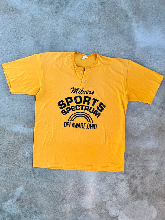 Vintage 1990s Milners Sports Spectrum Delaware, OH Henley Graphic Tee | XL