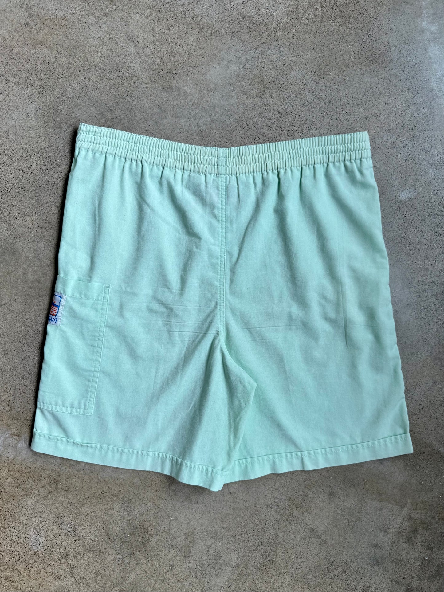 Vintage 1990s Blue Cabana Pastel Green Beach Shorts | Medium