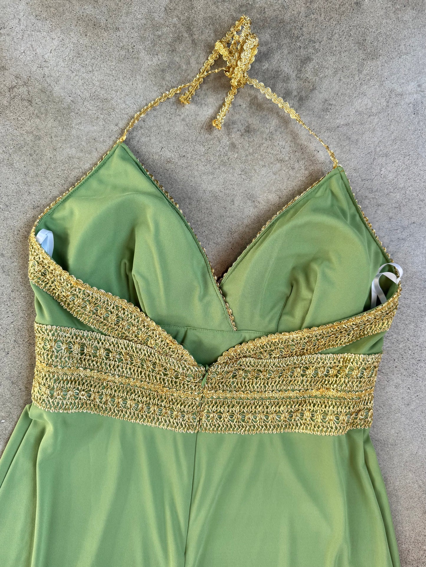 Vintage 1990s Betsy & Adam Green & Gold Trim Formal Full-Length Halter Dress | XL