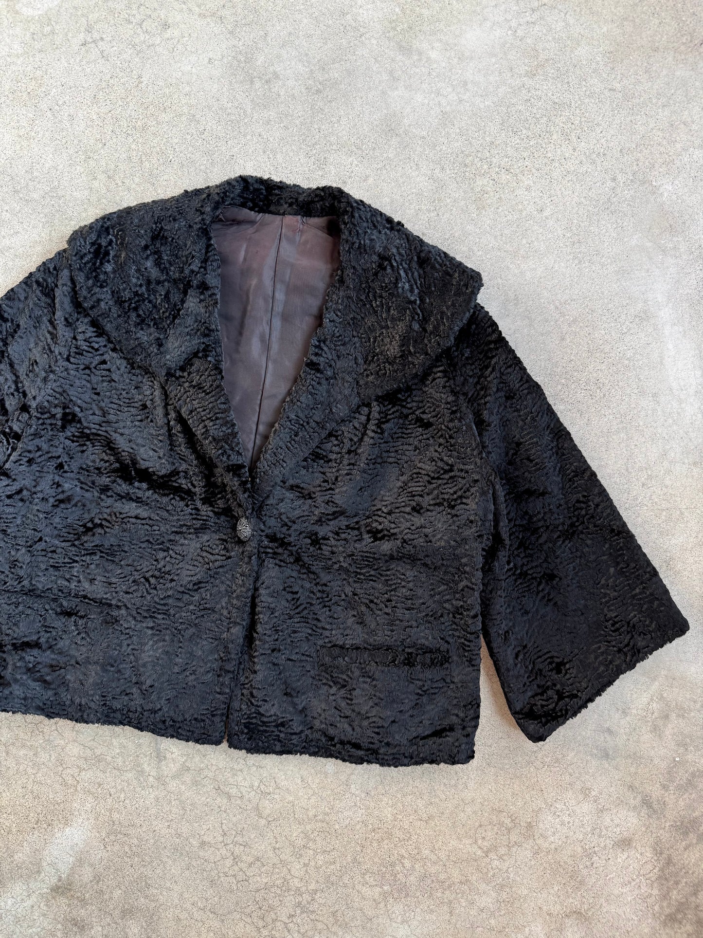 Vintage 1950s Black Persian Curly Wool Cropped Swing Jacket | Large