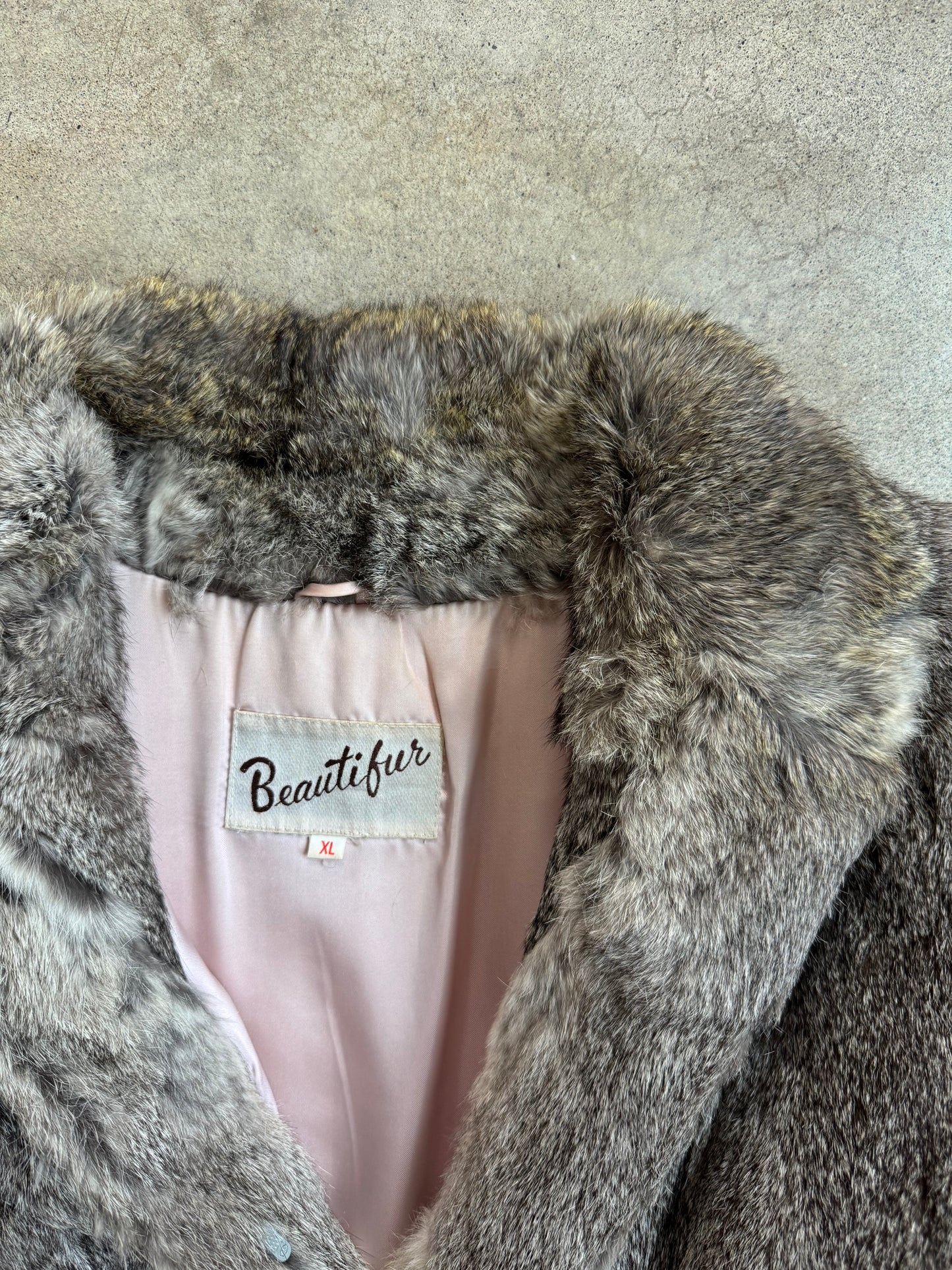 Vintage 1980s Beautifur Grey & Brown Speckled Rabbit Fur Coat | L/XL