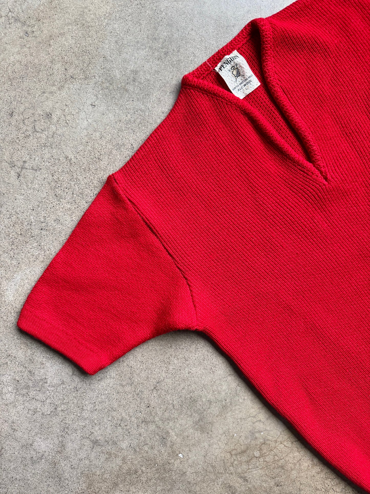 Vintage 1960s Penguin Seattle Knitting Mills Red Wool Short Sleeve Sweater | Large