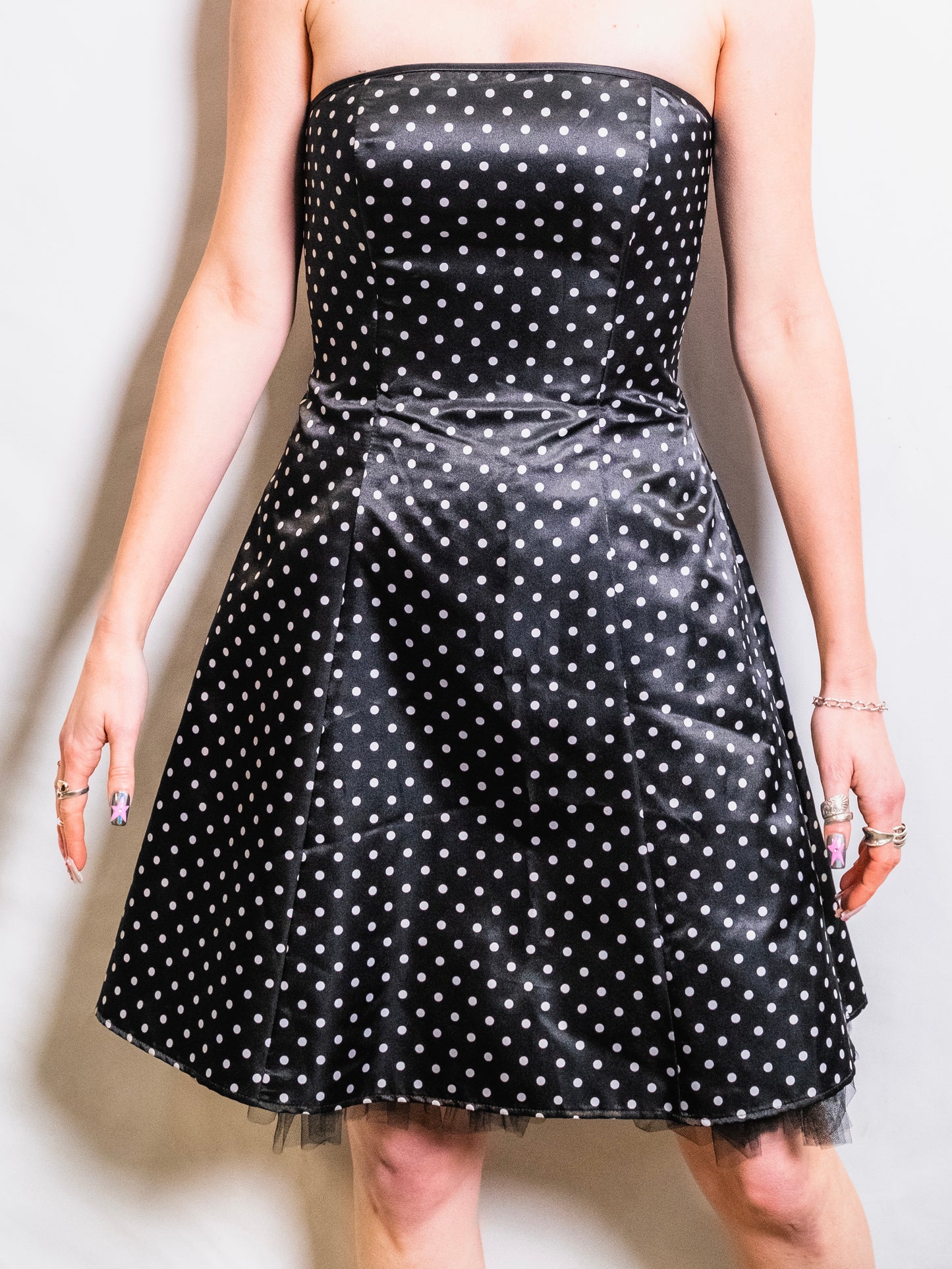 2000s Betsy & Adam Polka Dot Satin Strapless Mini Dress | S/M